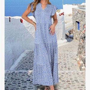 Blue Floral Maxi Dress with Pockets